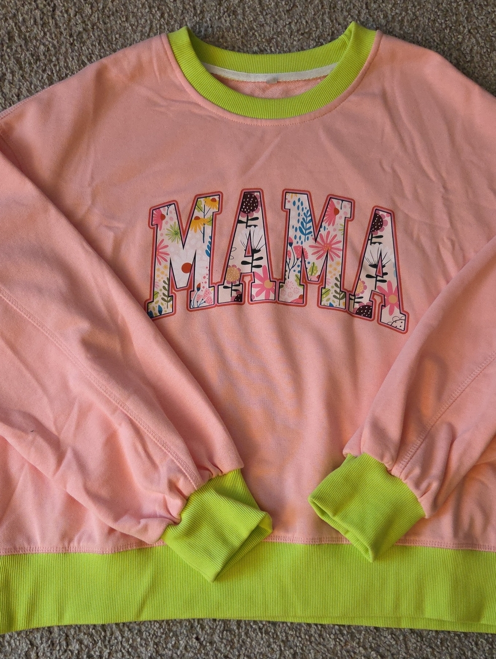 Sweet Pink 'MAMA' Pullover Pajama Top with Lime Trim, Medium Nwot